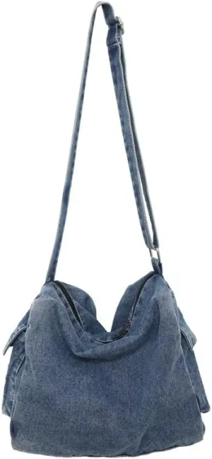 Women's Harajuku Indie Denim Shoulder Bags Japanese Casual Retro Travel Crossbody Bags Vintage Shopper Handbags (Blue-B,One Size)