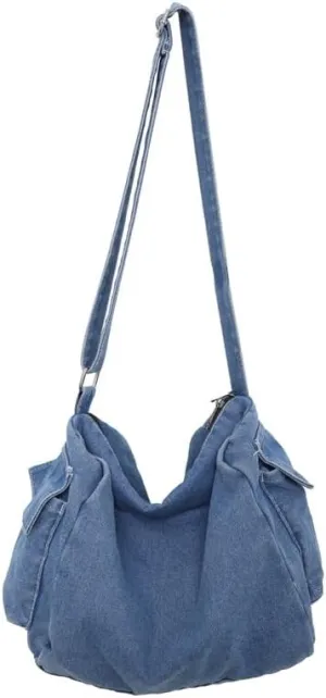 Women's Harajuku Indie Denim Shoulder Bags Japanese Casual Retro Travel Crossbody Bags Vintage Shopper Handbags (Blue-C,One Size)