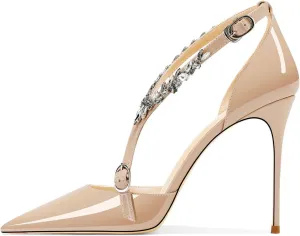 Women's Heeled Sandals Pointed Rhinestones Pumps Sexy Patent Leather Ankle Strap Stiletto Straight buckle Strap Closed Toe Summer Shoes For Party Bridal Workplace, Dinner