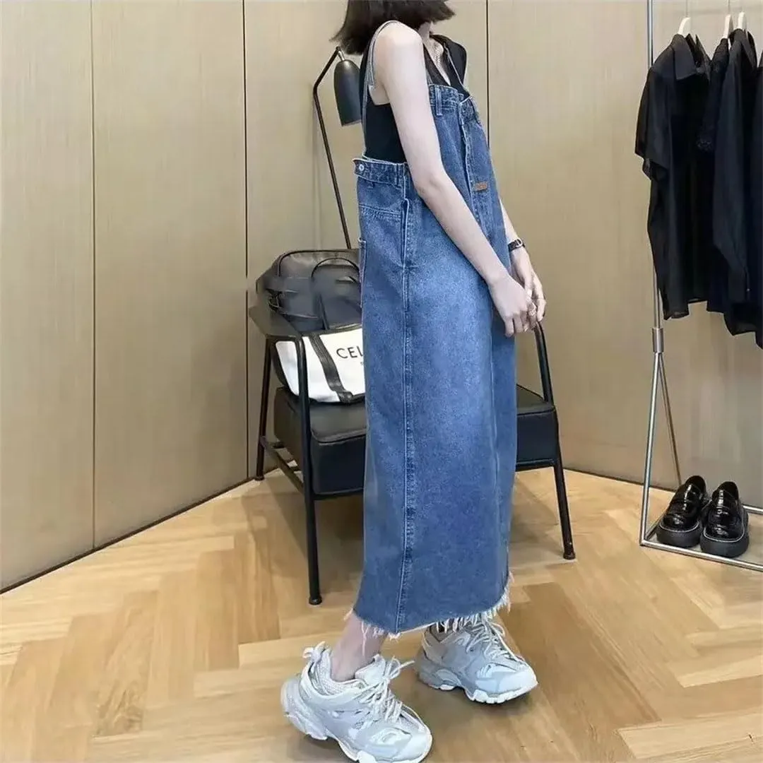Women's Korean Version of Jeans Slim Long Suspenders A Belly Dress