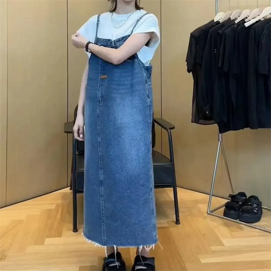 Women's Korean Version of Jeans Slim Long Suspenders A Belly Dress