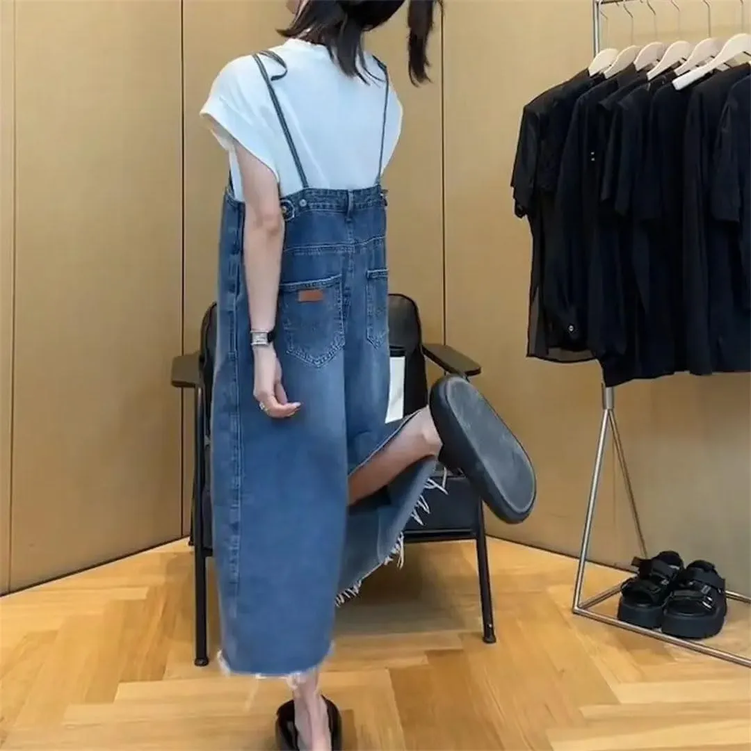 Women's Korean Version of Jeans Slim Long Suspenders A Belly Dress