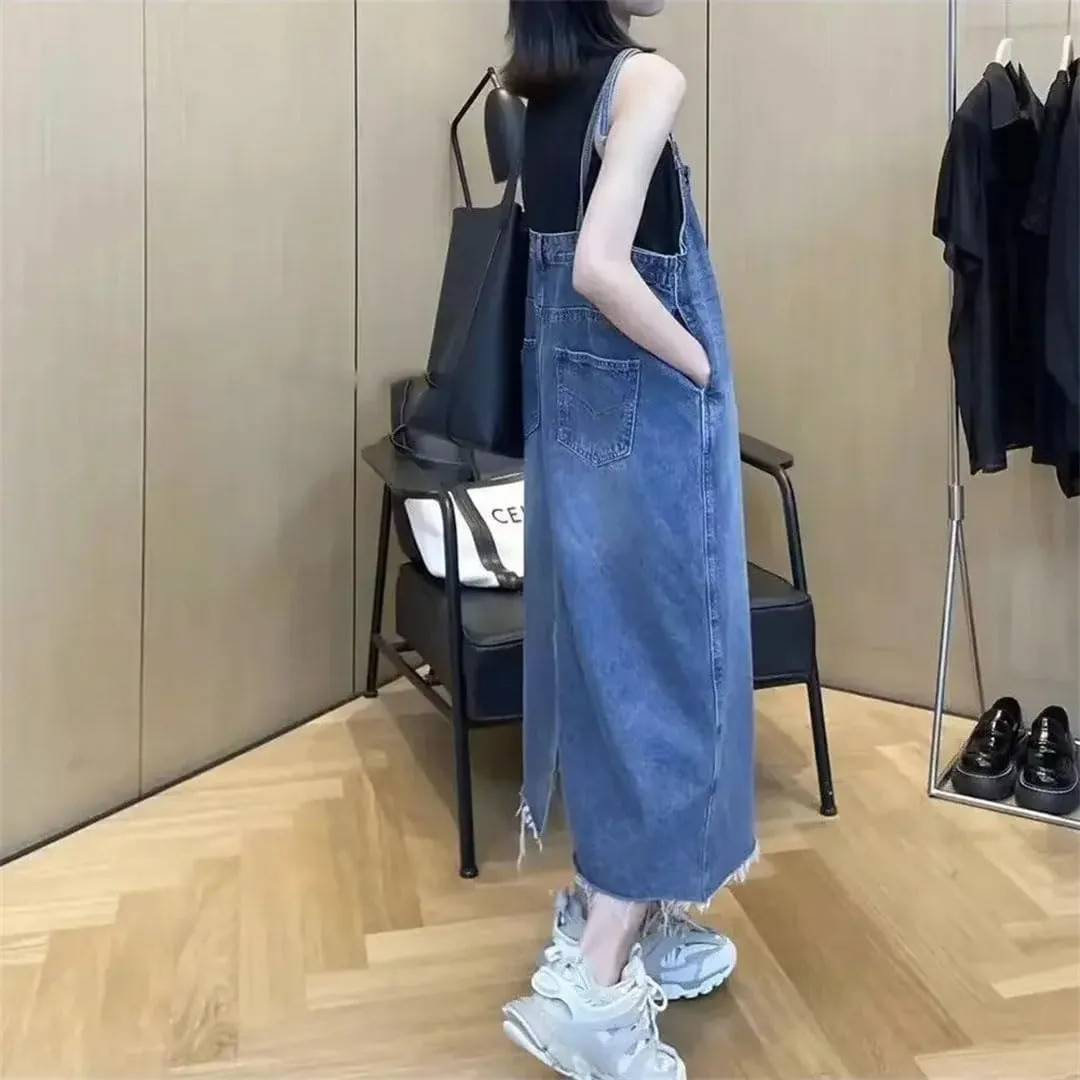 Women's Korean Version of Jeans Slim Long Suspenders A Belly Dress