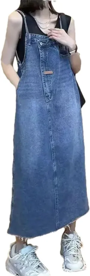 Women's Korean Version of Jeans Slim Long Suspenders A Belly Dress