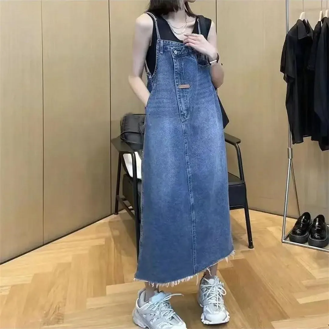 Women's Korean Version of Jeans Slim Long Suspenders A Belly Dress