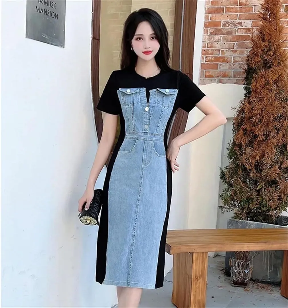 Women's Korean Version of Stitching Denim Slim Wrapped Long A-Line Belly Dresse