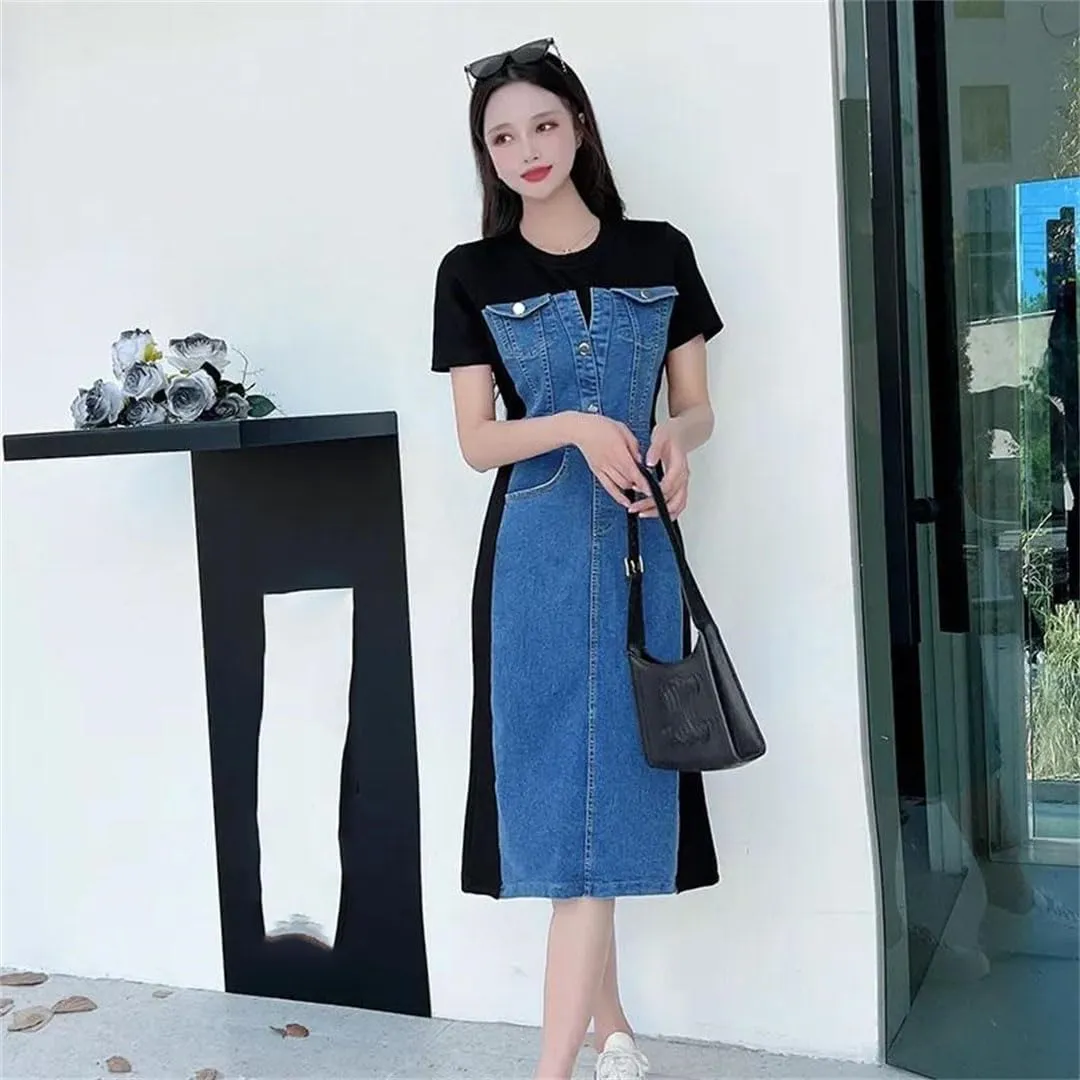 Women's Korean Version of Stitching Denim Slim Wrapped Long A-Line Belly Dresse