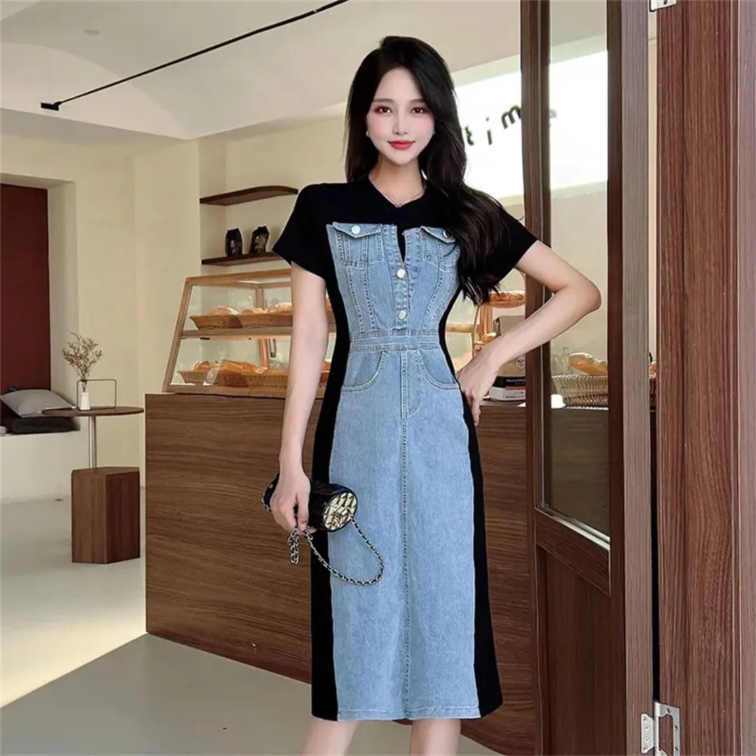 Women's Korean Version of Stitching Denim Slim Wrapped Long A-Line Belly Dresse