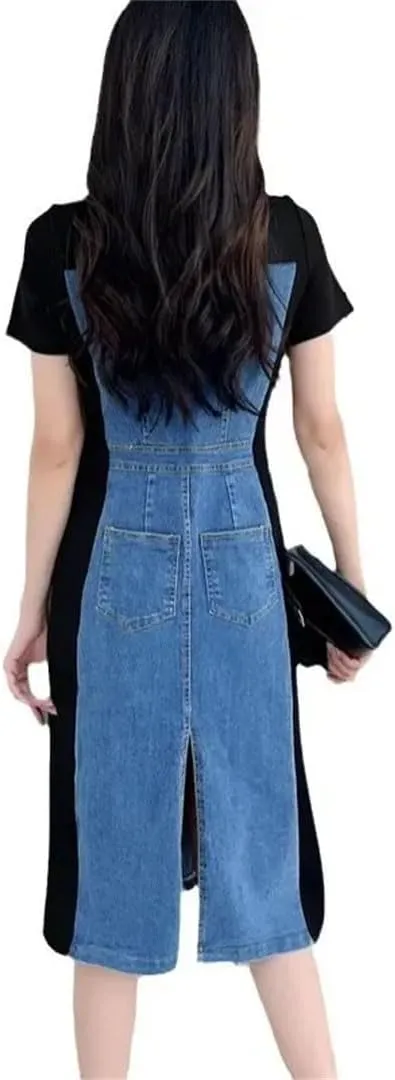 Women's Korean Version of Stitching Denim Slim Wrapped Long A-Line Belly Dresse