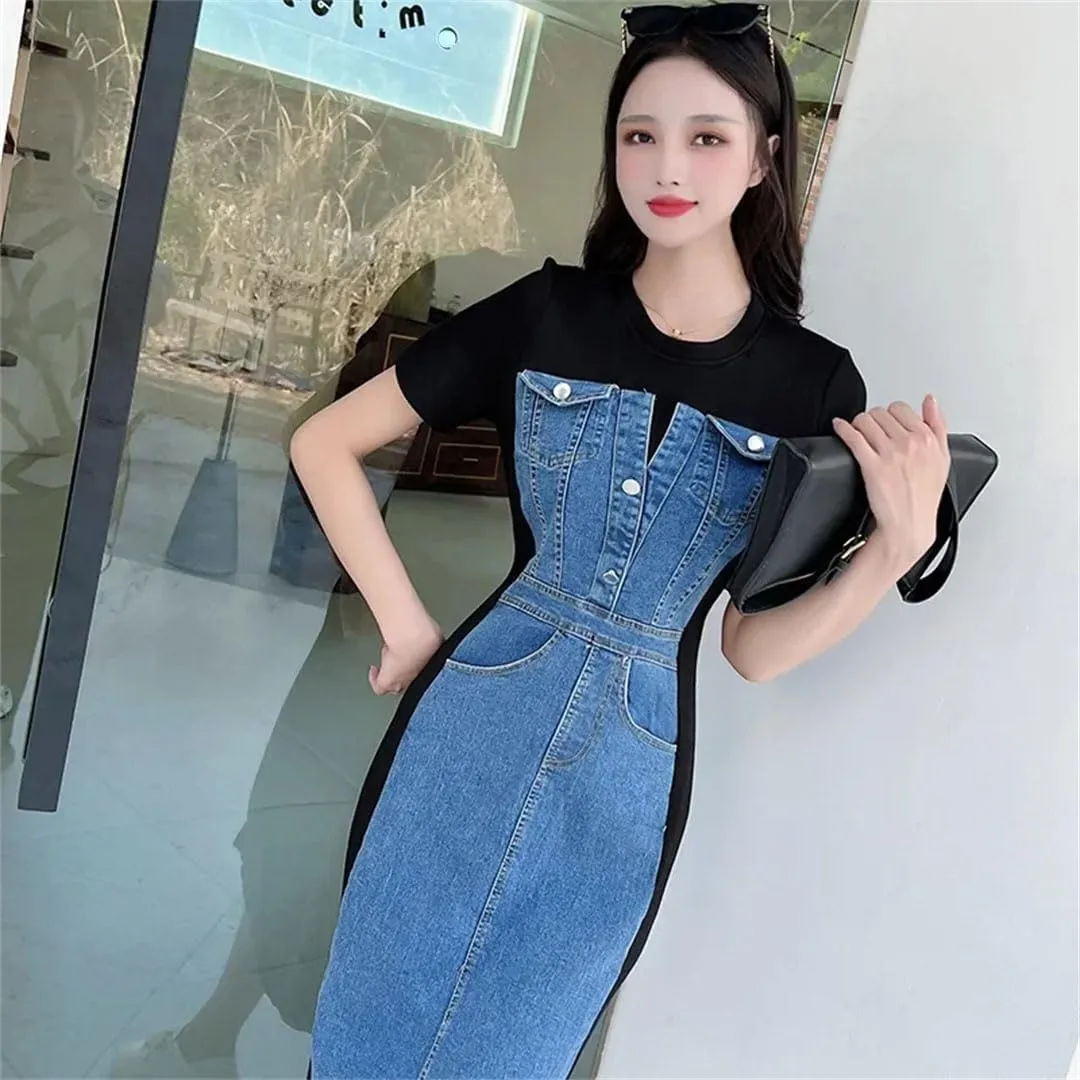 Women's Korean Version of Stitching Denim Slim Wrapped Long A-Line Belly Dresse