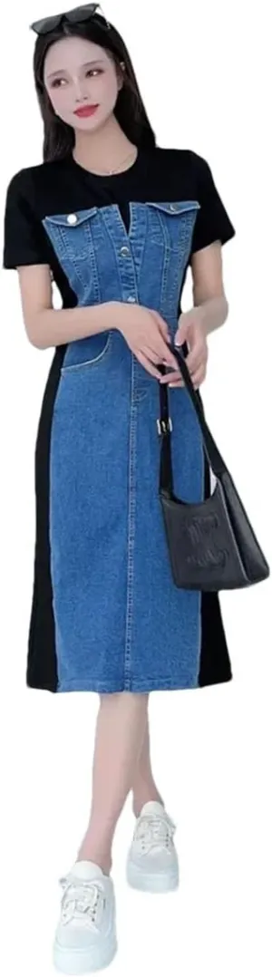 Women's Korean Version of Stitching Denim Slim Wrapped Long A-Line Belly Dresse