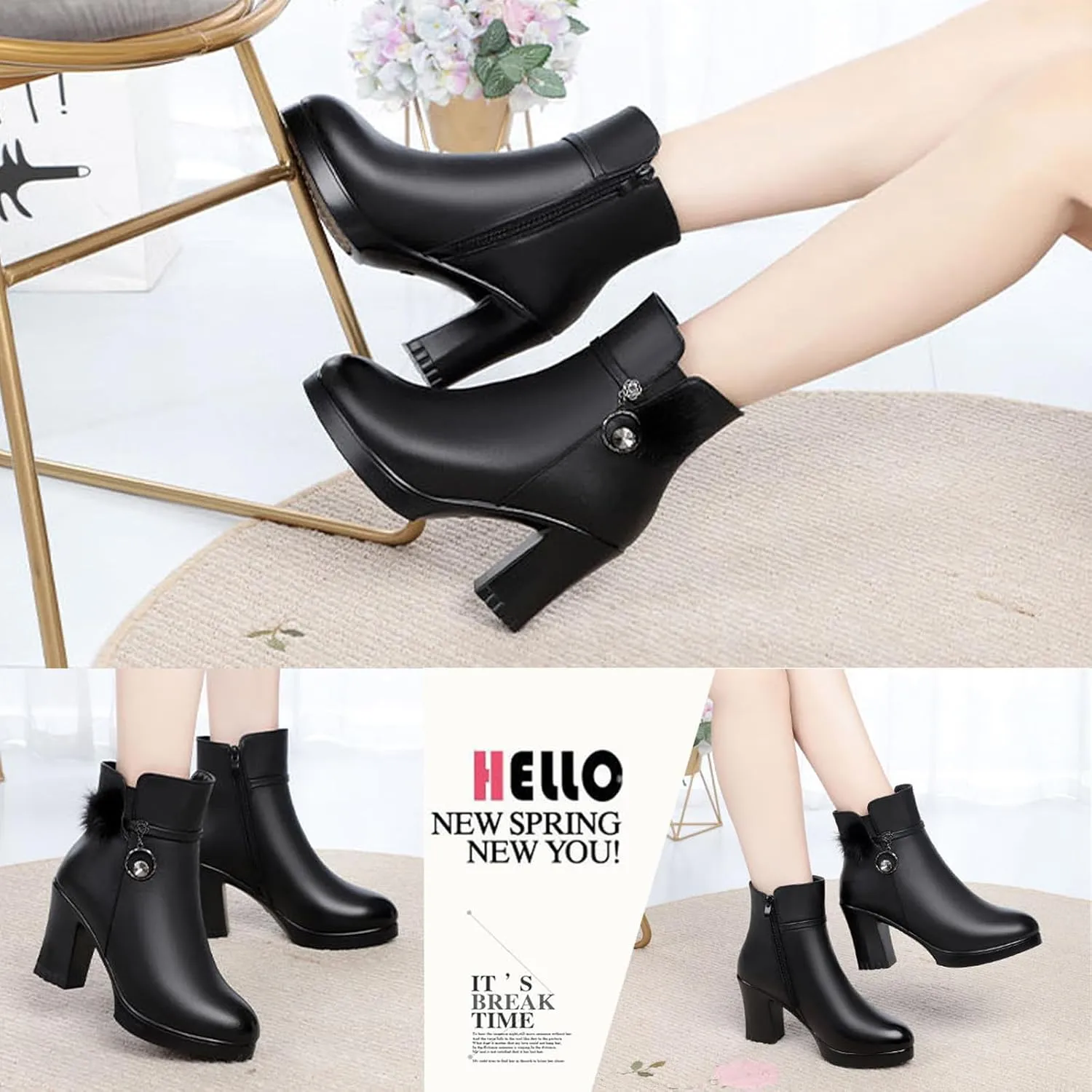 Women's Leather Platform Chunky Heel Ankle Boots with Rhinestone Belt Buckle Decor Fashion Pointed Toe Side Zipper High Block Heels Dress Boots