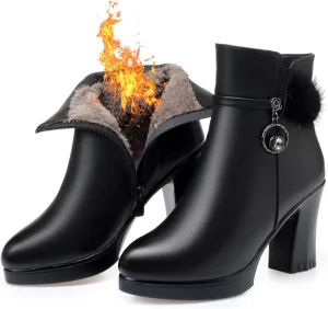 Women's Leather Platform Chunky Heel Ankle Boots with Rhinestone Belt Buckle Decor Fashion Pointed Toe Side Zipper High Block Heels Dress Boots