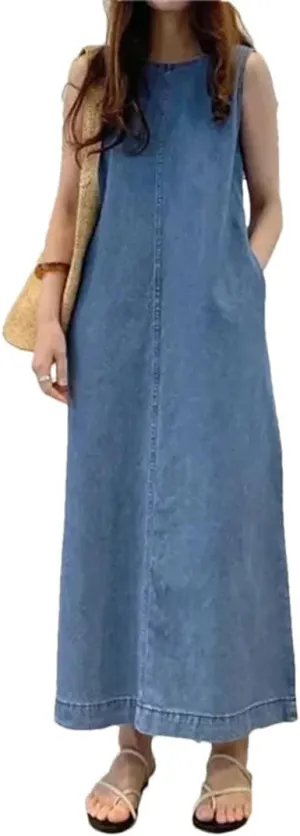 Women's Long Sleeveless Slim Round Neck Mini with Pocket Denim Vest Dress