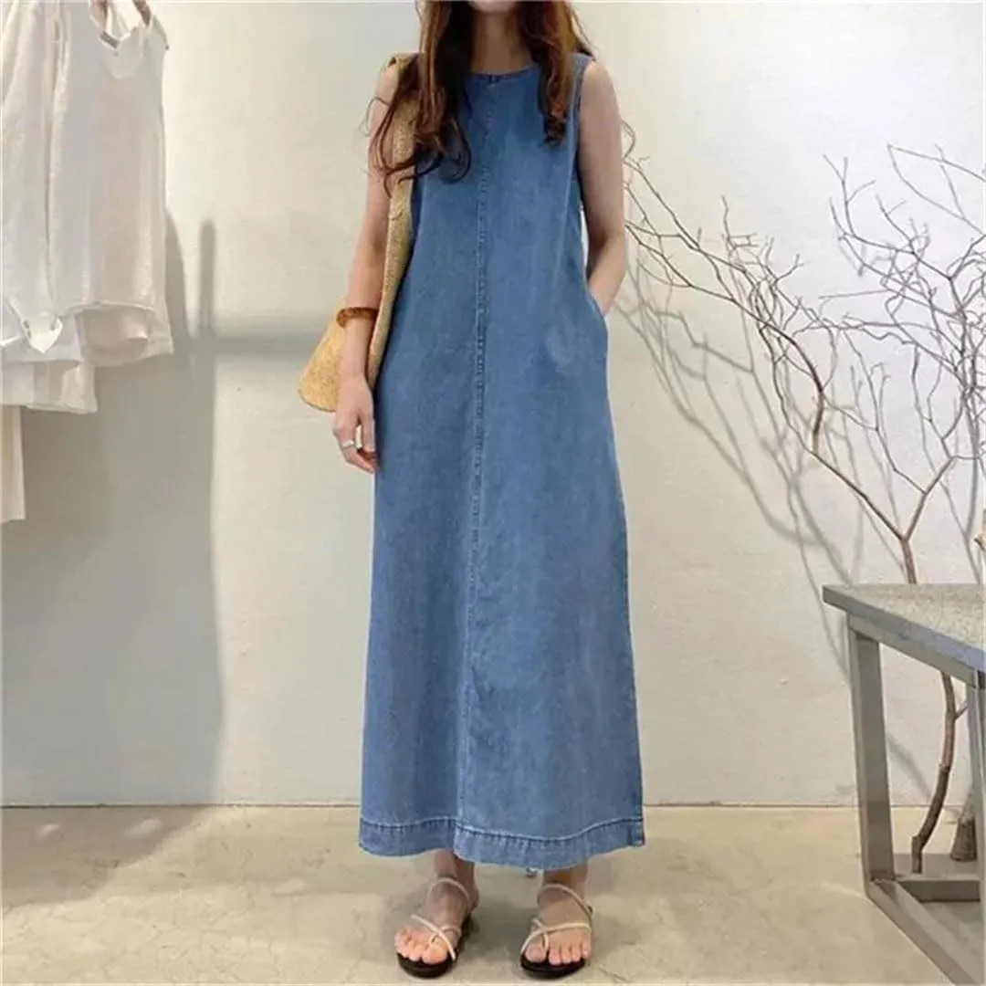 Women's Long Sleeveless Slim Round Neck Mini with Pocket Denim Vest Dress