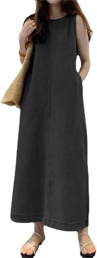 Women's Long Sleeveless Slim Round Neck Mini with Pocket Denim Vest Dress