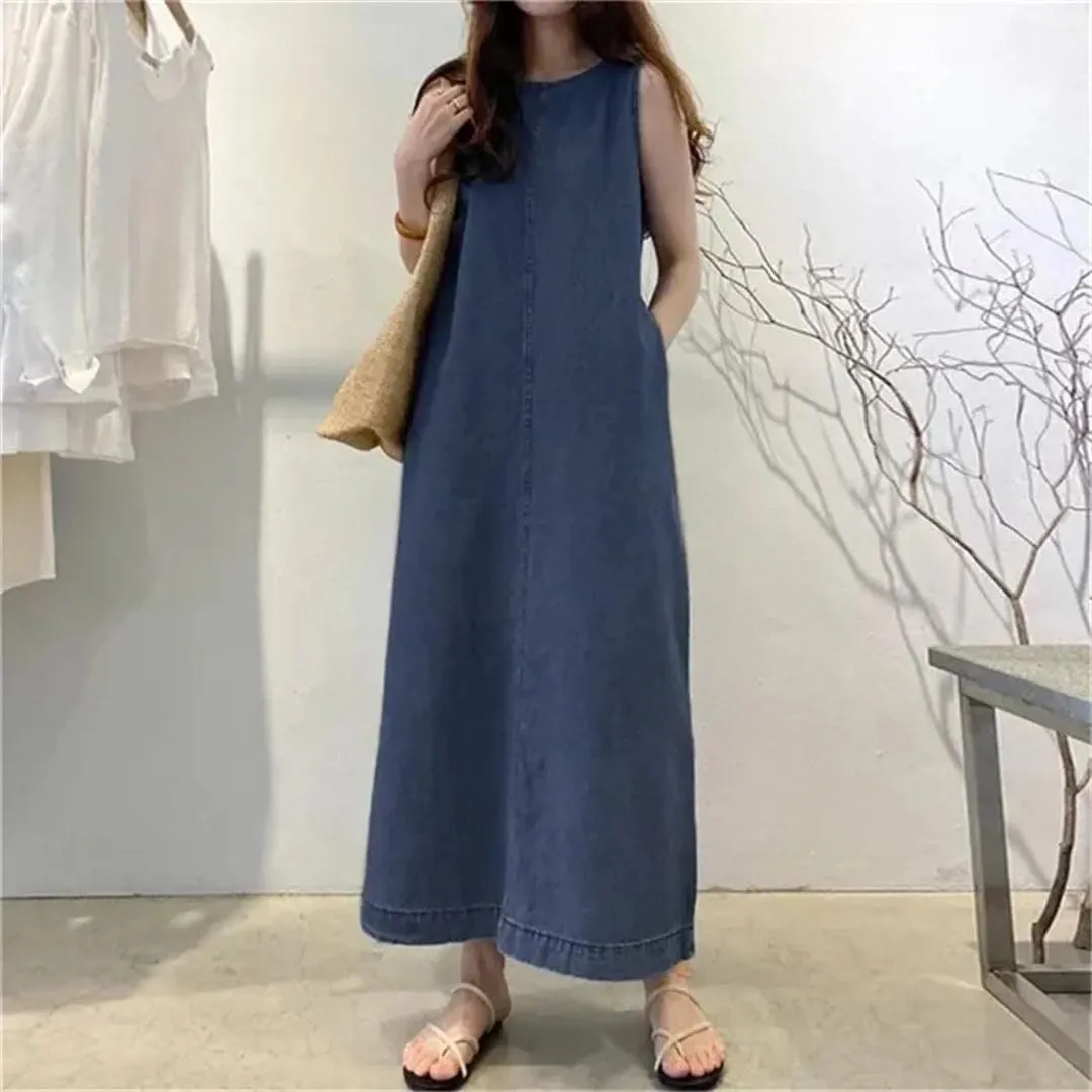 Women's Long Sleeveless Slim Round Neck Mini with Pocket Denim Vest Dress