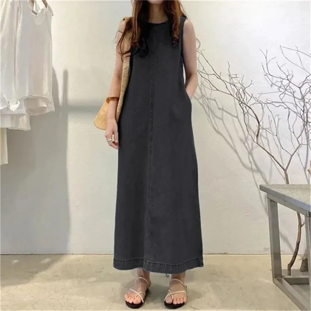 Women's Long Sleeveless Slim Round Neck Mini with Pocket Denim Vest Dress