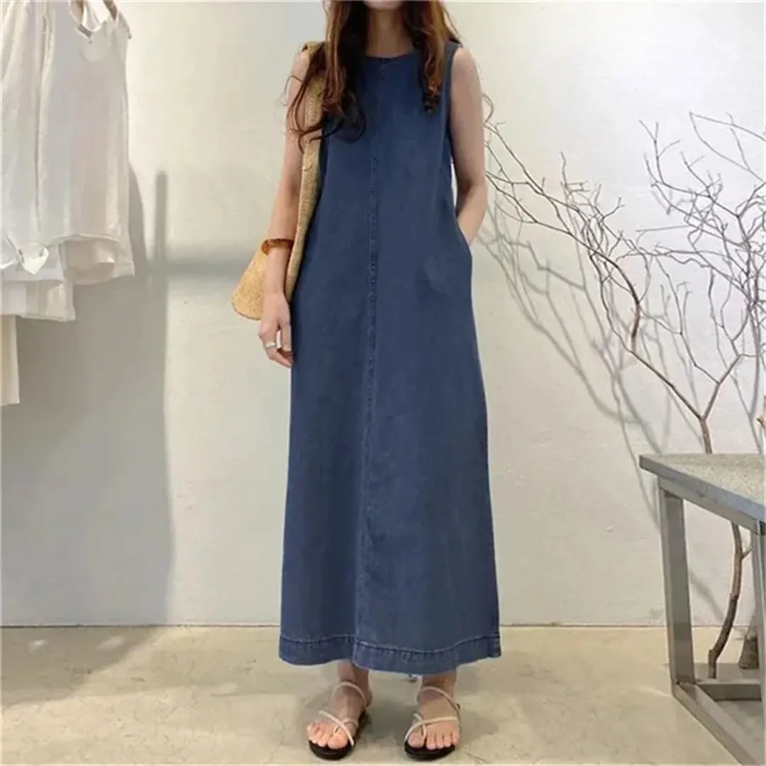 Women's Long Sleeveless Slim Round Neck Mini with Pocket Denim Vest Dress