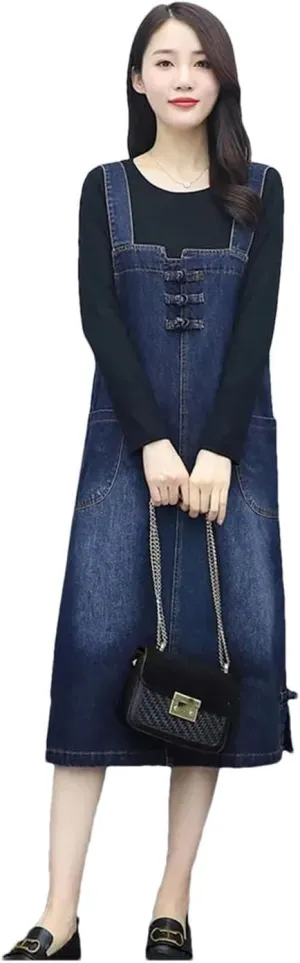 Women's Loose Denim Vintage Long Sleeve Bib Slimming Short Plus Size Dress