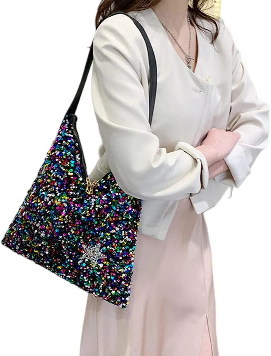 Womens Mermaid Sequins Shoulder Bag Reversible Sequin Handbag Purse Sparkling Tote Shiny Hobo Bag