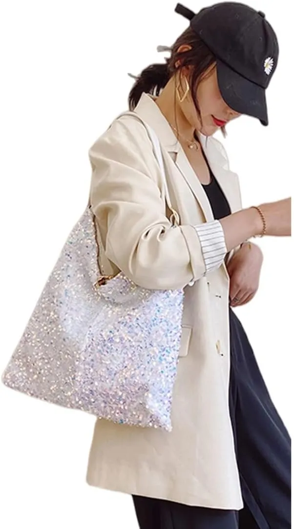 Womens Mermaid Sequins Shoulder Bag Reversible Sequin Handbag Purse Sparkling Tote Shiny Hobo Bag
