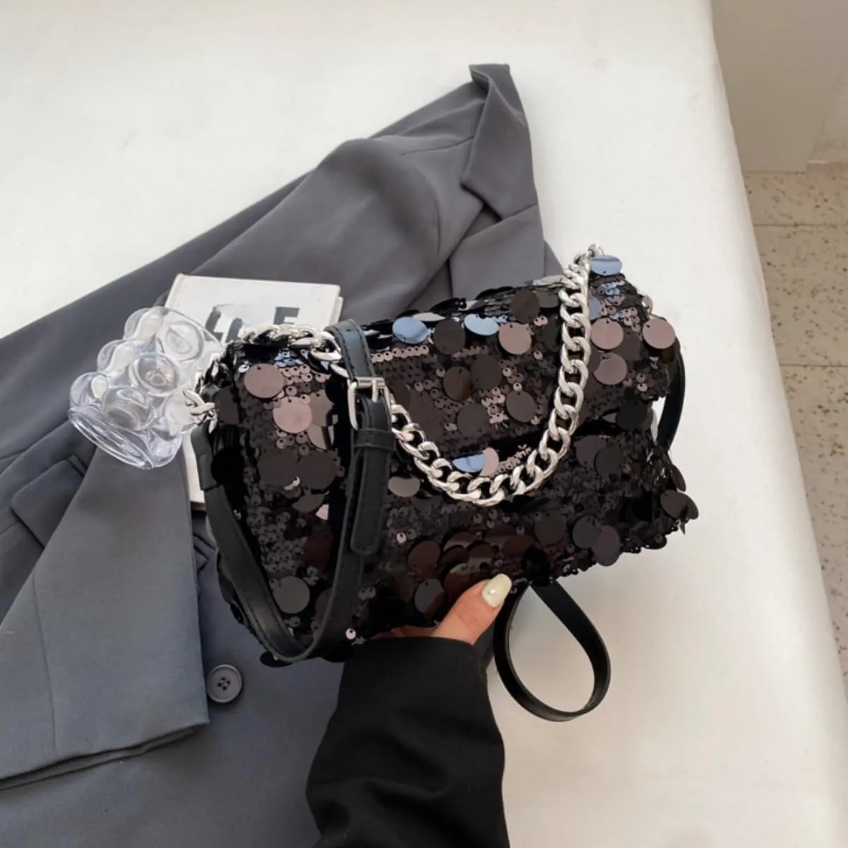 Womens Mermaid Sequins Shoulder Bag Reversible Sequin Handbag Purse Sparkling Tote Shiny Hobo Bag