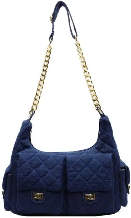 Women's Multi-Pocket Denim Handbags Rhomb Chain Crossbody Bags Underarm Shoulder Bag Zipper Purses