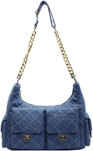 Women's Multi-Pocket Denim Handbags Rhomb Chain Crossbody Bags Underarm Shoulder Bag Zipper Purses