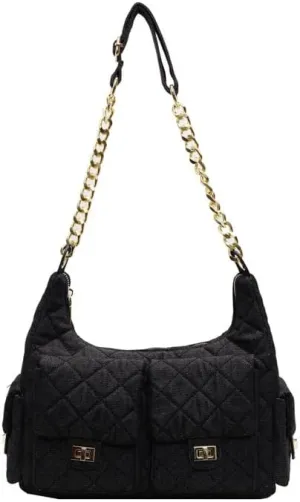 Women's Multi-Pocket Denim Handbags Rhomb Chain Crossbody Bags Underarm Shoulder Bag Zipper Purses