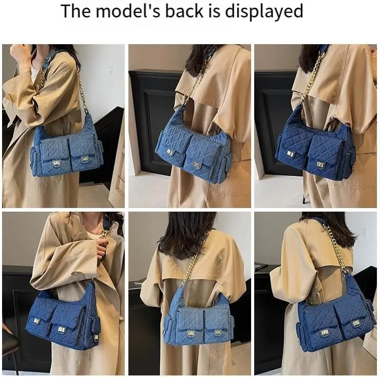 Women's Multi-Pocket Denim Handbags Rhomb Chain Crossbody Bags Underarm Shoulder Bag Zipper Purses