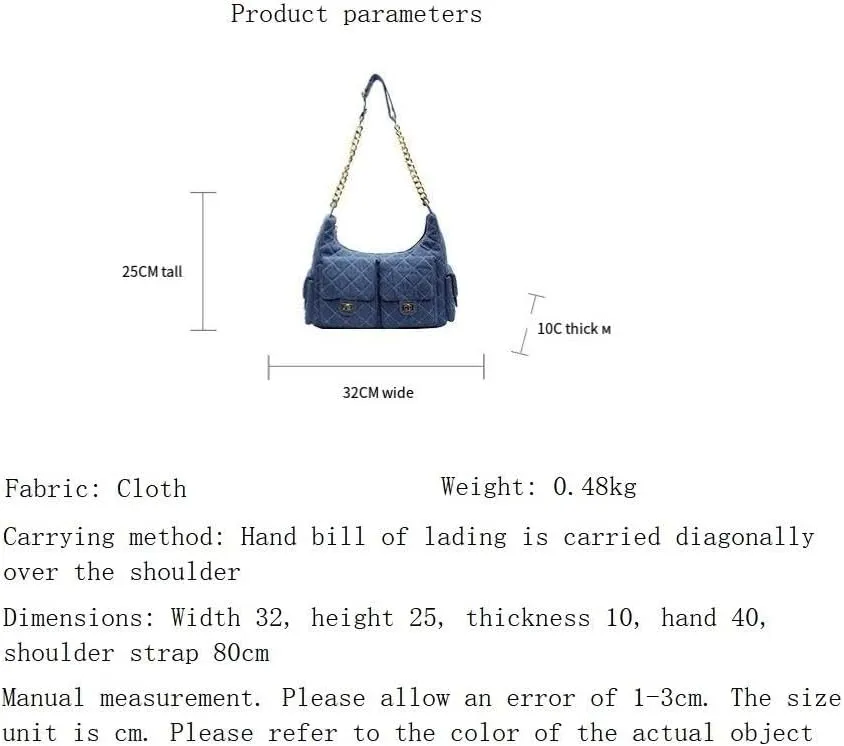 Women's Multi-Pocket Denim Handbags Rhomb Chain Crossbody Bags Underarm Shoulder Bag Zipper Purses