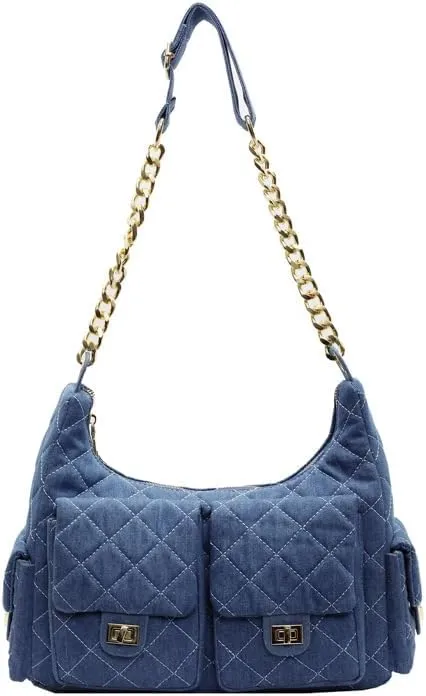 Women's Multi-Pocket Denim Handbags Rhomb Chain Crossbody Bags Underarm Shoulder Bag Zipper Purses