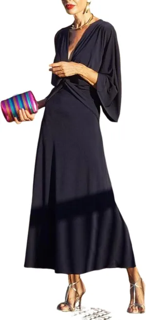 Women's Navy Crossover V-Neck Loose Long Sleeve Shift Summer Maxi Dress Simple Solid Casual Elegant Dress