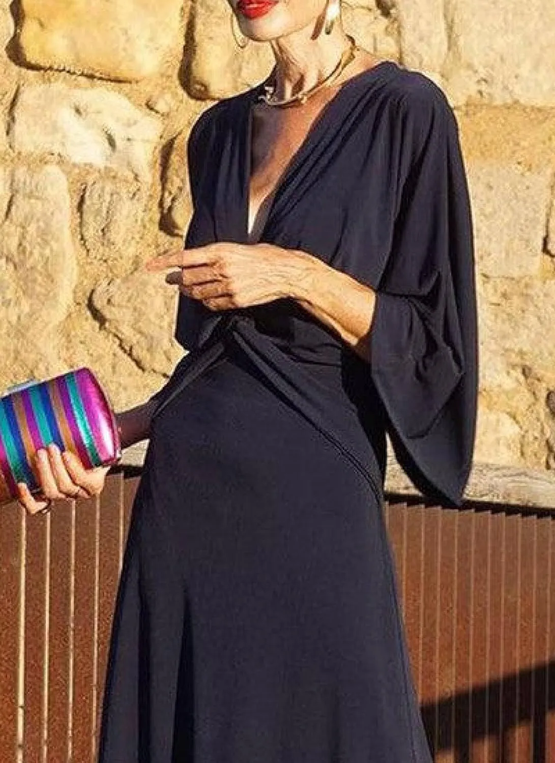 Women's Navy Crossover V-Neck Loose Long Sleeve Shift Summer Maxi Dress Simple Solid Casual Elegant Dress