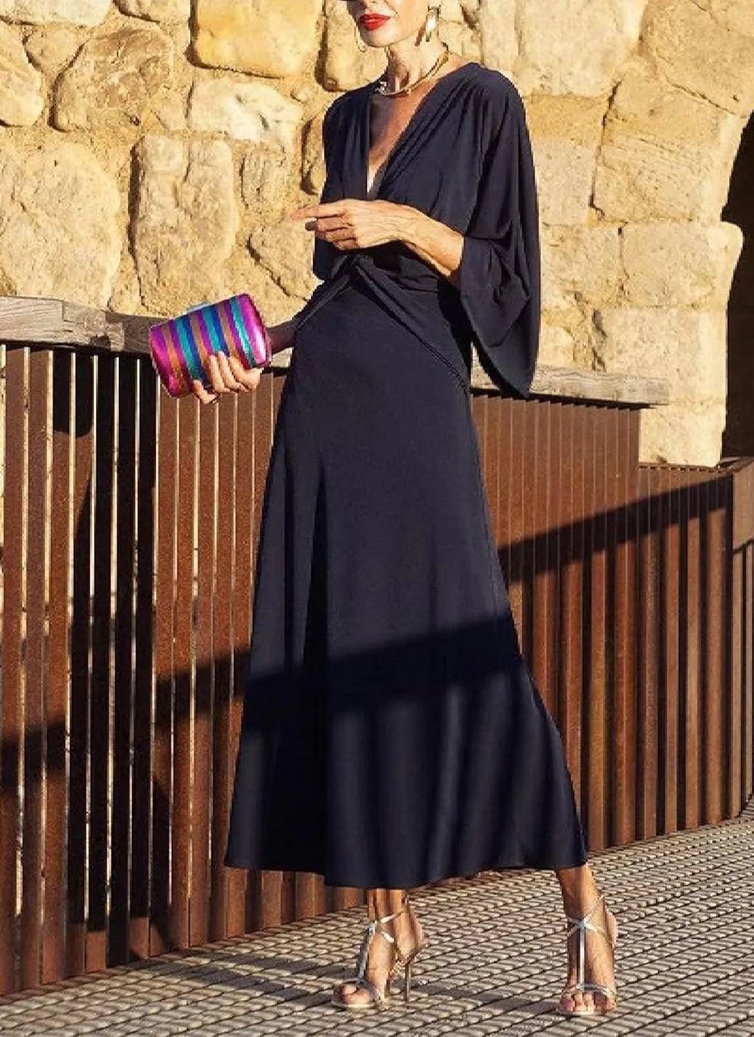 Women's Navy Crossover V-Neck Loose Long Sleeve Shift Summer Maxi Dress Simple Solid Casual Elegant Dress