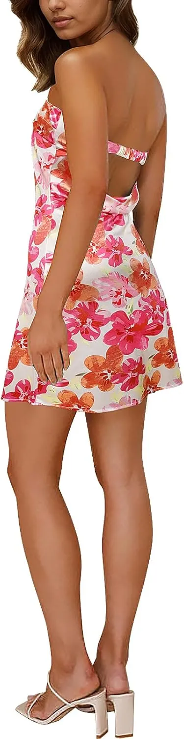 Womens Open Back Mini Dress Sexy Satin Floral Elegant Strapless Cocktail Dresses Date Night Party Club Bandeau Tube Dress