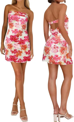 Womens Open Back Mini Dress Sexy Satin Floral Elegant Strapless Cocktail Dresses Date Night Party Club Bandeau Tube Dress