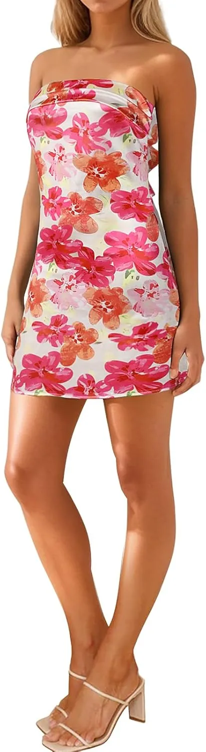 Womens Open Back Mini Dress Sexy Satin Floral Elegant Strapless Cocktail Dresses Date Night Party Club Bandeau Tube Dress