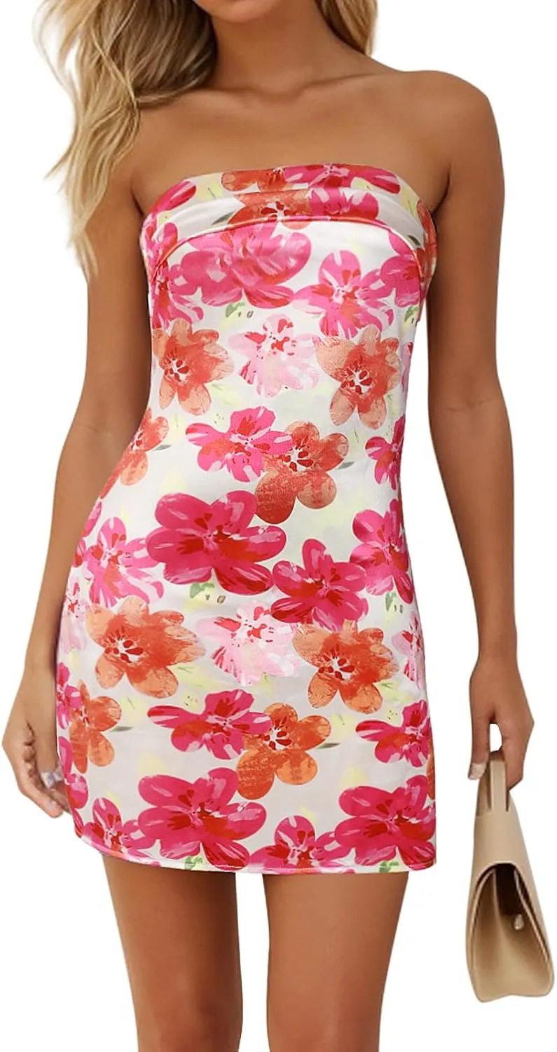 Womens Open Back Mini Dress Sexy Satin Floral Elegant Strapless Cocktail Dresses Date Night Party Club Bandeau Tube Dress