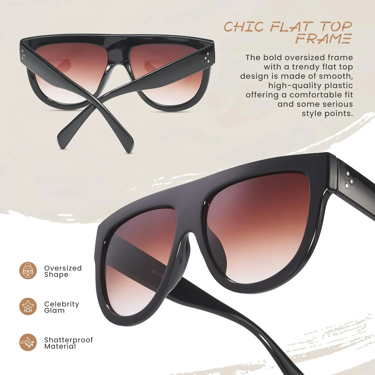 Women's Oversized Flat Top Fashion Sunglasses Trendy Big Square Designer Retro Sun Glasses Shades