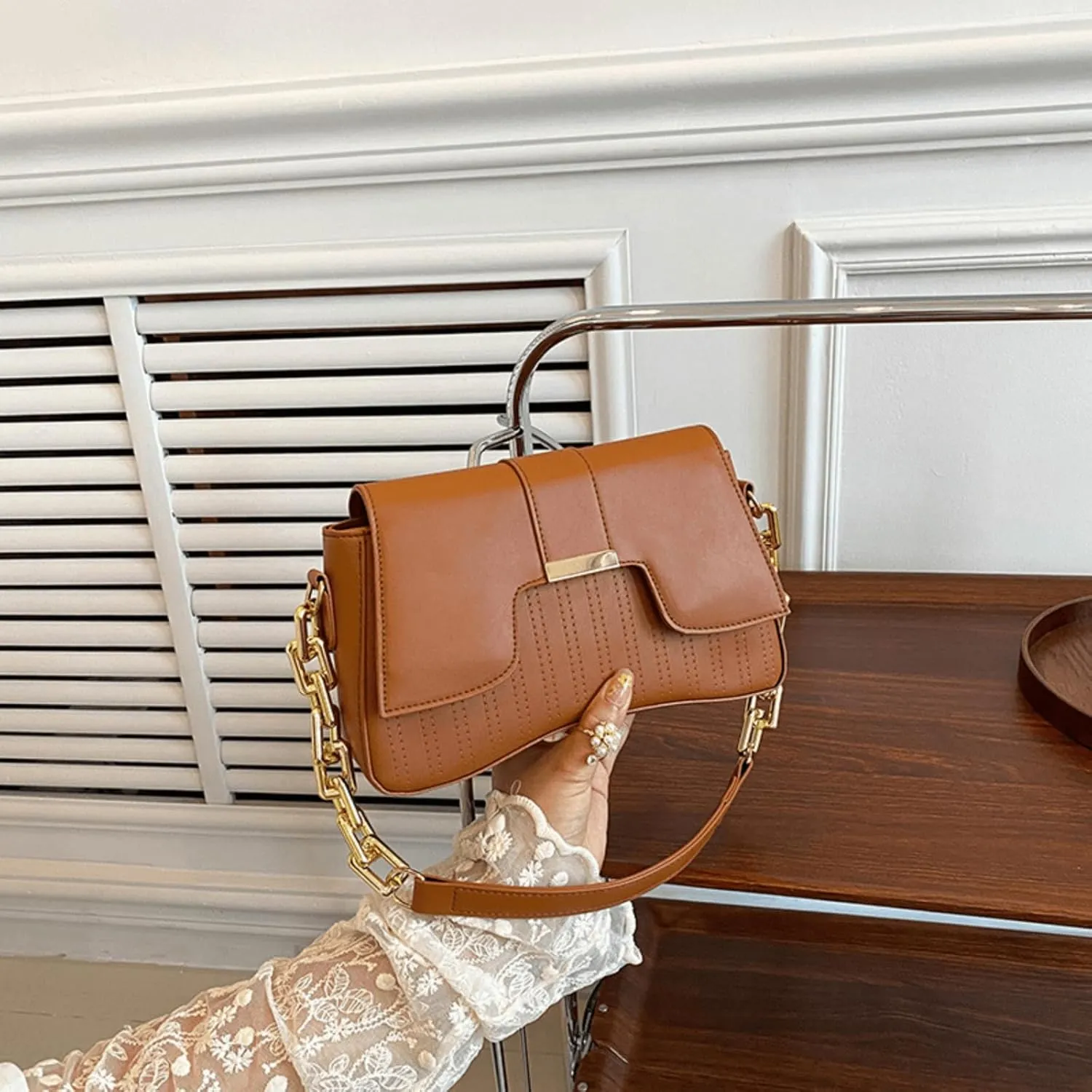 Women's Plaid Striped Saddle Crossbody Shoulder Underarm Satchel Handbag Tote Clutch Purse Hobo Bag