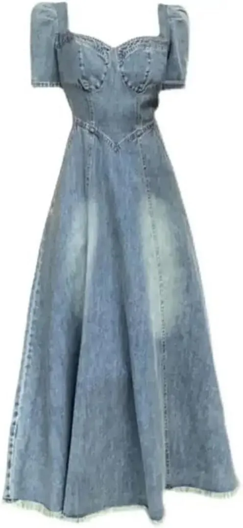 Women's Plus Size Denim A- Line Slimming Short Sleeve Square Collar Long Dresses