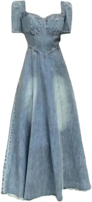 Women's Plus Size Denim A- Line Slimming Short Sleeve Square Collar Long Dresses