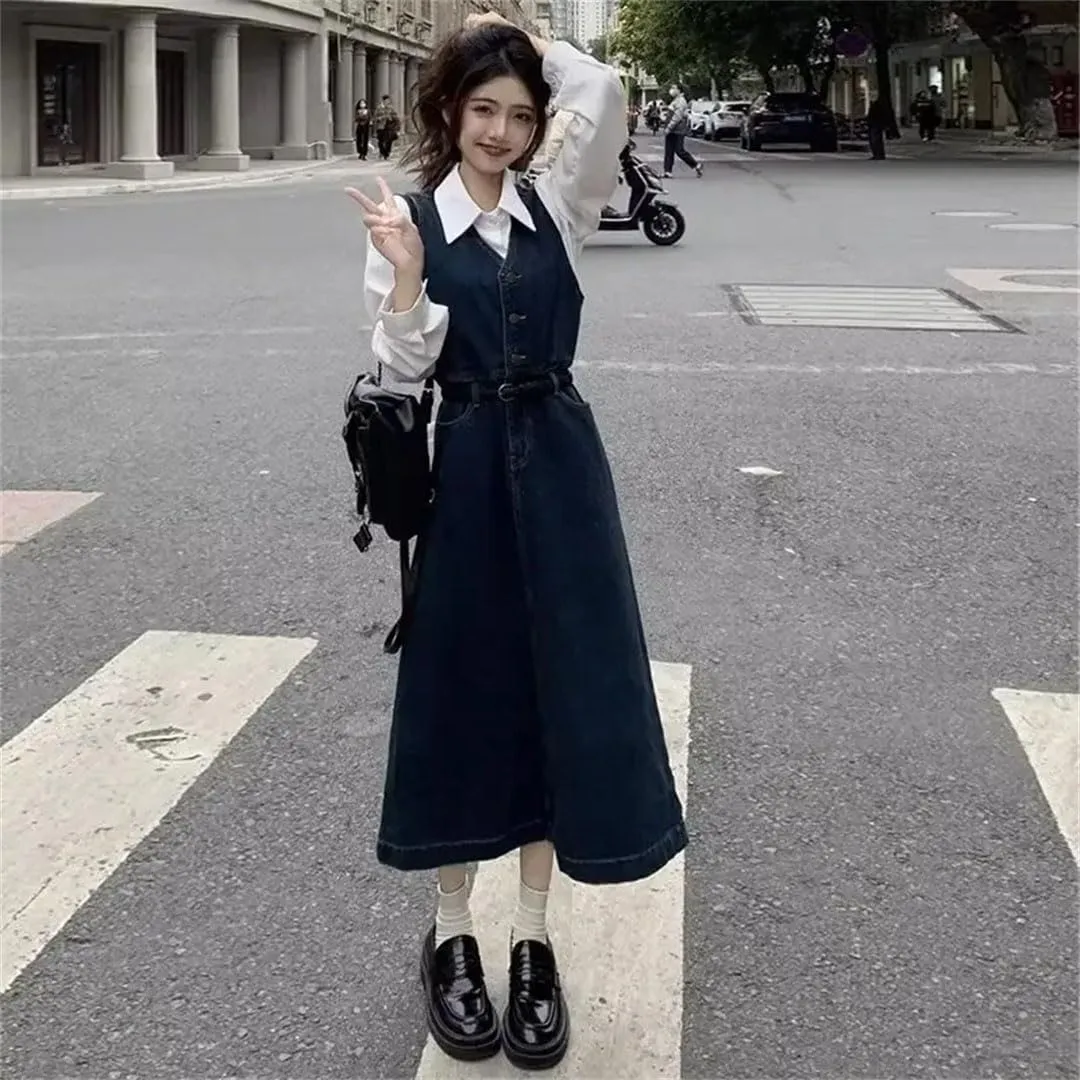 Women's Plus Size Denim Suspender Vest Slim Waist Empire Waist and Knee V Leader Dress