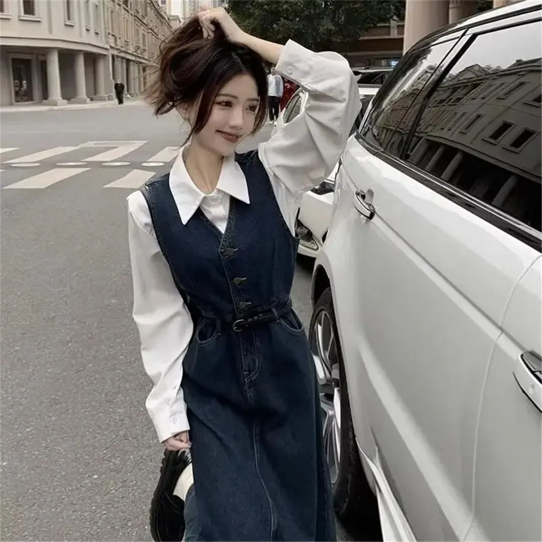 Women's Plus Size Denim Suspender Vest Slim Waist Empire Waist and Knee V Leader Dress