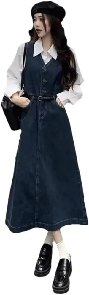 Women's Plus Size Denim Suspender Vest Slim Waist Empire Waist and Knee V Leader Dress