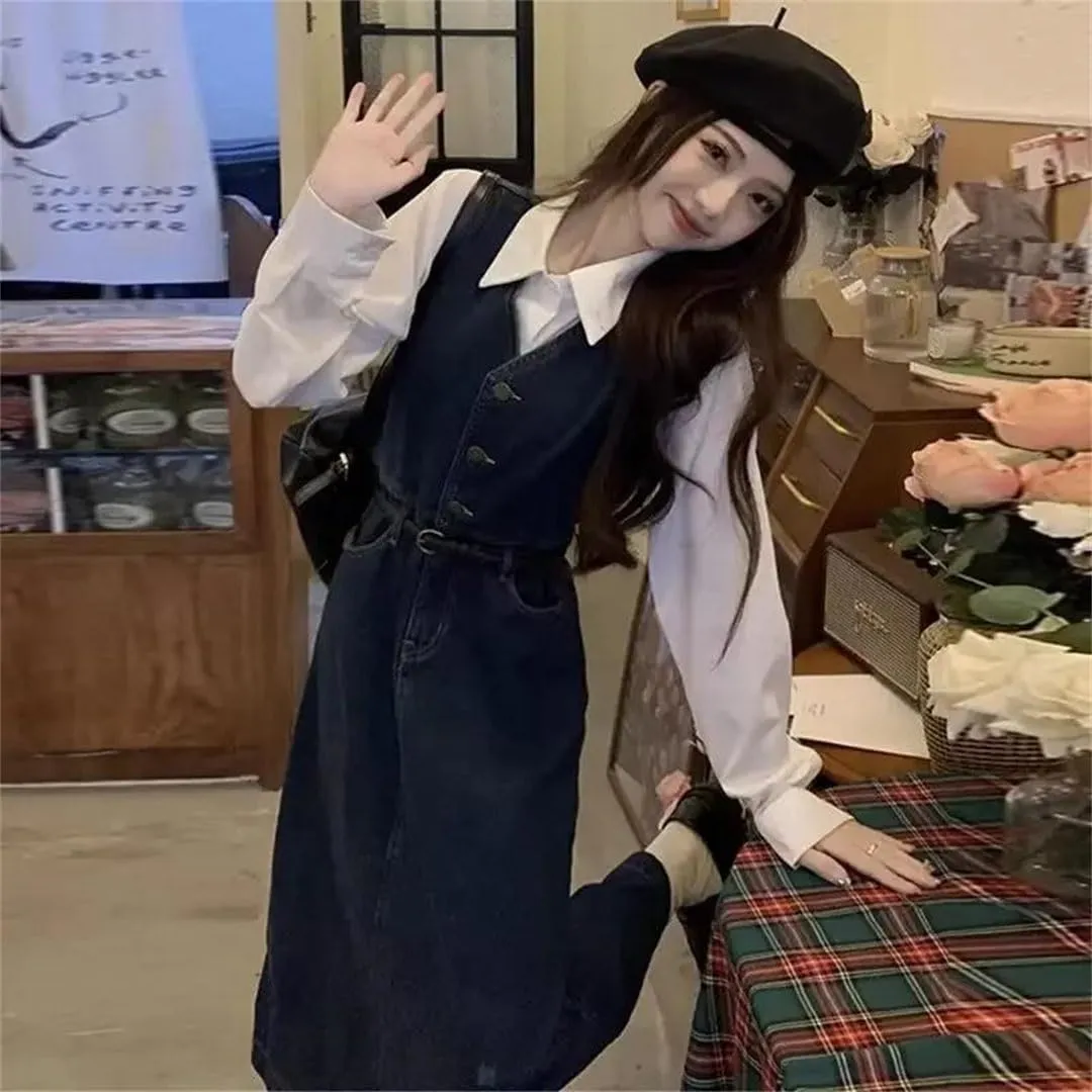 Women's Plus Size Denim Suspender Vest Slim Waist Empire Waist and Knee V Leader Dress