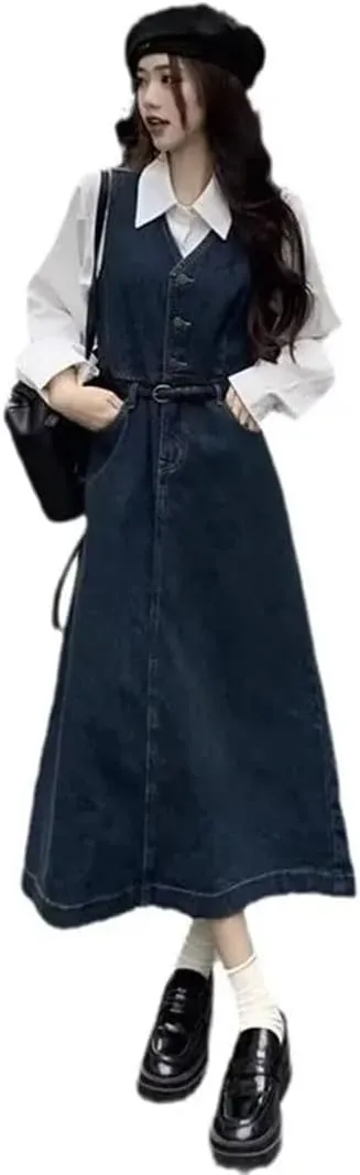 Women's Plus Size Denim Suspender Vest Slim Waist Empire Waist and Knee V Leader Dress