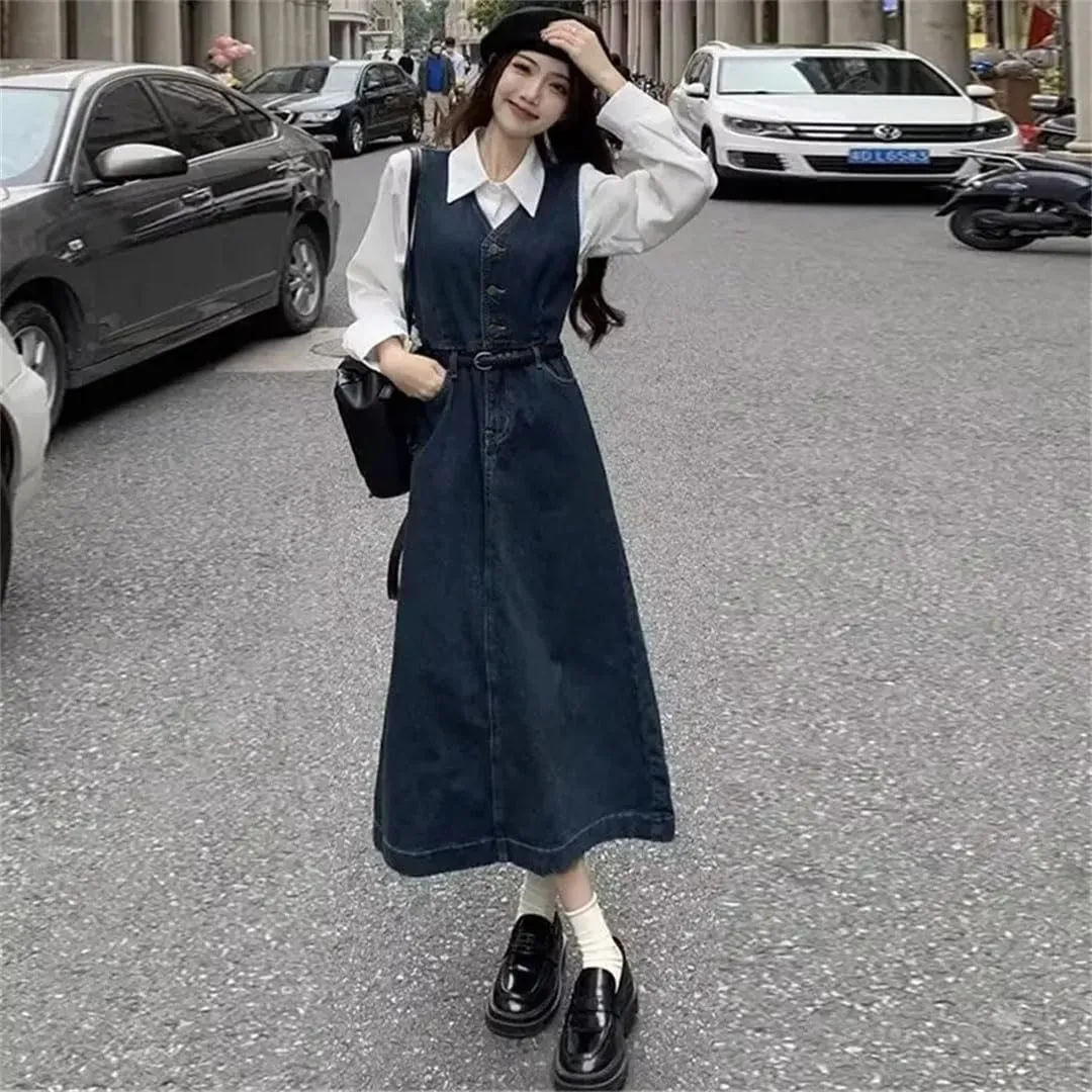 Women's Plus Size Denim Suspender Vest Slim Waist Empire Waist and Knee V Leader Dress